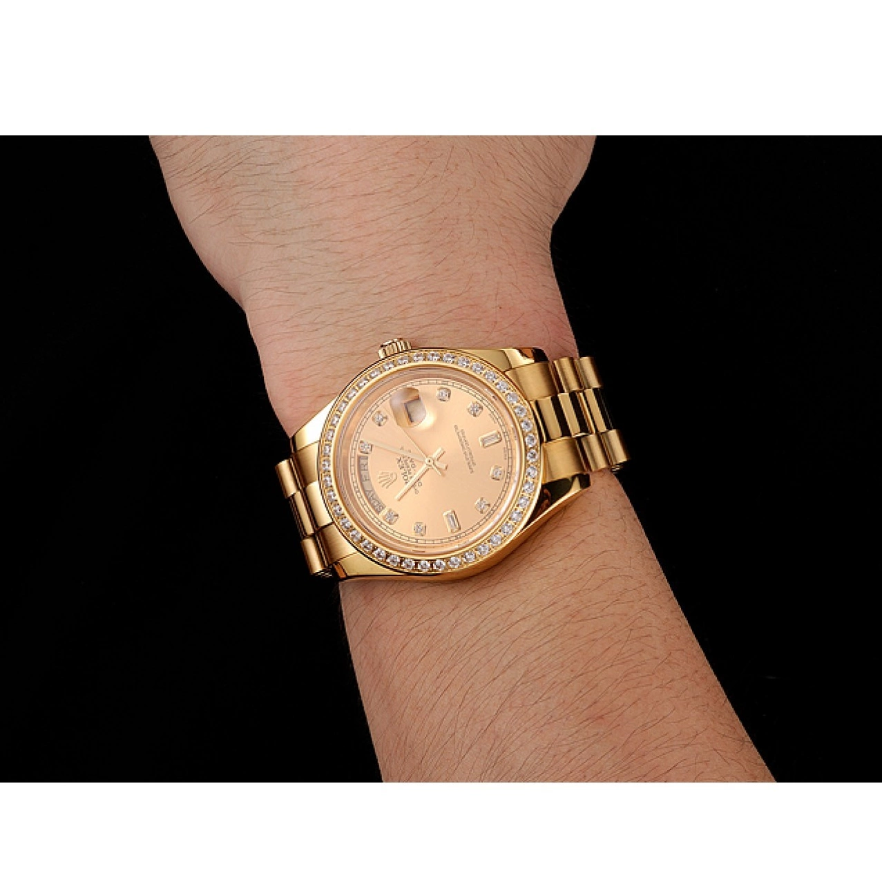 Aaa replica watch Dial 1454099 Swiss Bracelet Diamond Day-Date Bezel Gold Champagne Rolex 0730